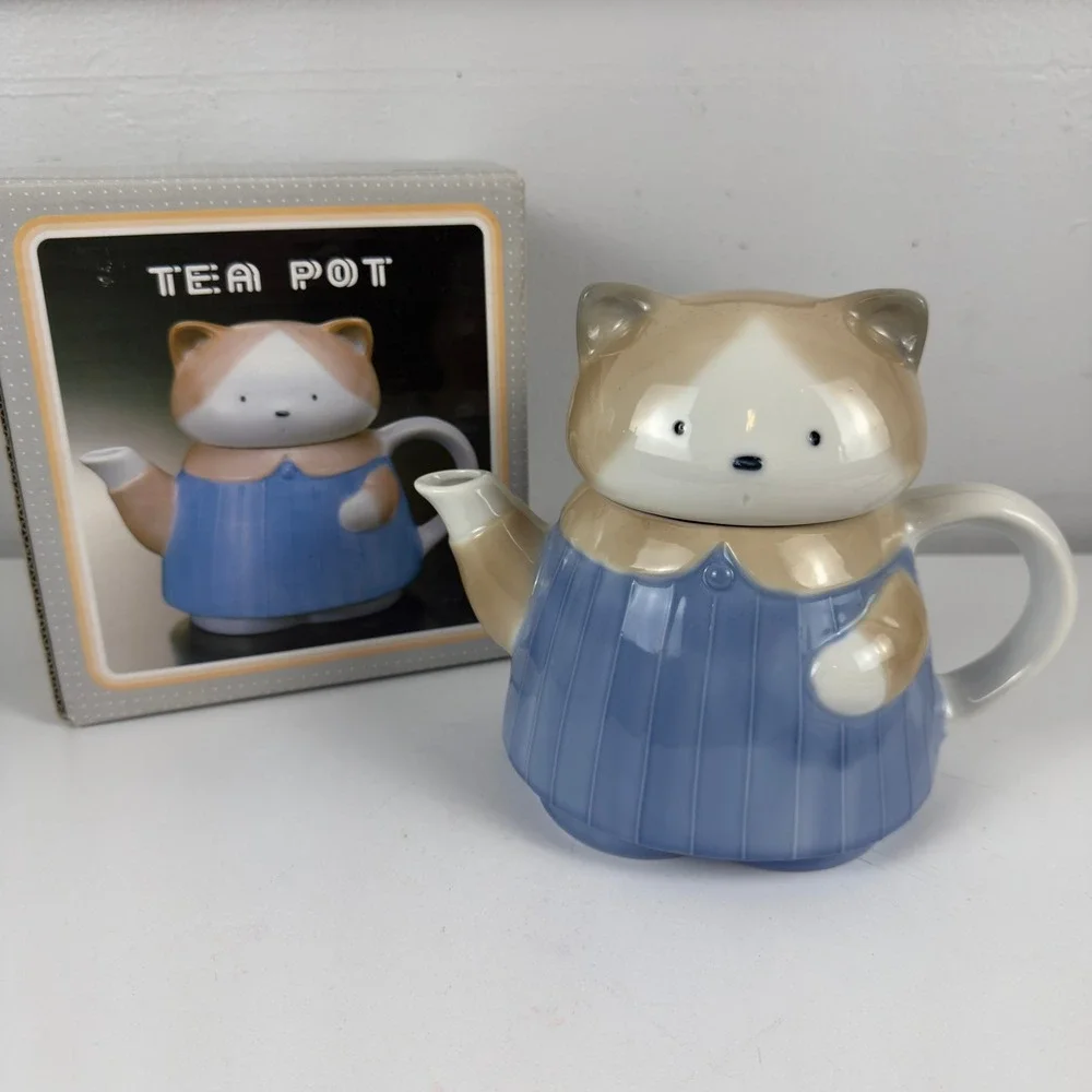 Vtg Cat Teapot Made in Japan Ceramic Kitty Tea‎ Pot Cottagecore Decor w Box